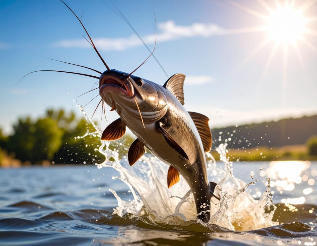 Catfish breaking through the water
